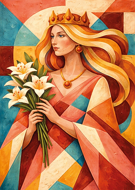 Goddess Frigg with Lilies in Geometric Style