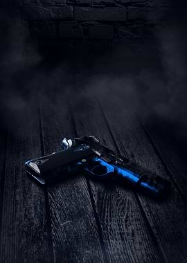 Blue Camo Pistol on Wooden Floor