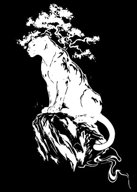 Jaguar on Rock with Bonsai Tree