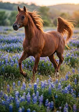 Horse running through lupine field at sunset