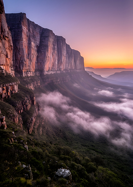 Sunrise over a misty mountain landscape
