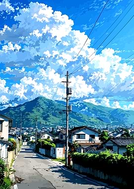 Anime suburban street with mountains