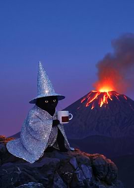 Wizard Cat Drinks Coffee by The Volcano