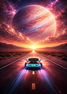 Futuristic Car Driving Towards a Giant Planet