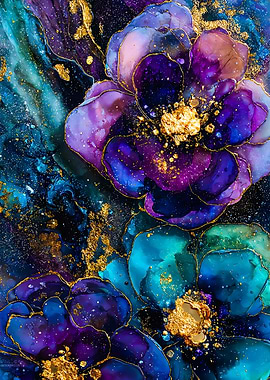 Purple And Teal Abstract Fluid Flowers
