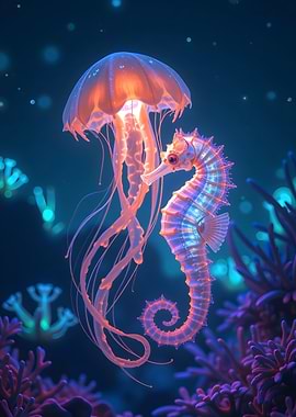 Seahorse and Jellyfish in Ocean