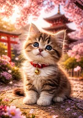 Cute Kitten in Cherry Blossom Garden