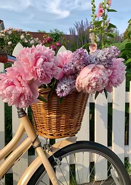 Bicycle Basket Full of Pink Peonies and Lilac