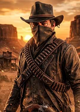 Cowboy in the desert at sunset