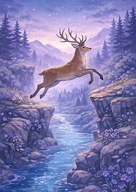 Majestic Deer Leaping Over a Stream