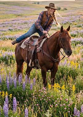 Cowgirl Riding Horse in Wildflowers