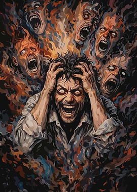 Man Screaming Surrounded by Tormented Faces