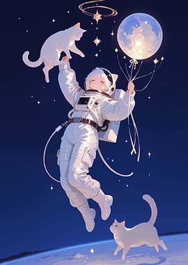 Astronaut Girl with Cats and Moon Balloon