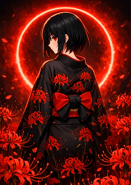 Anime Girl in Kimono with Red Flowers