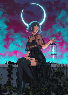 Gothic Girl with Lantern Under Crescent Moon