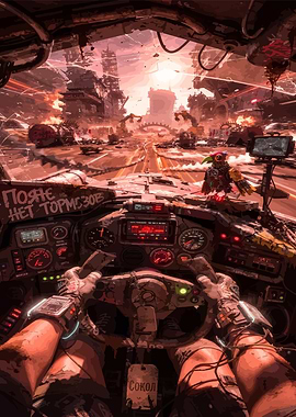 Post-apocalyptic vehicle cockpit view