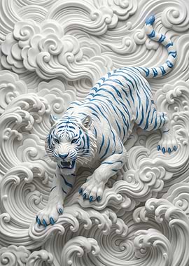 White Tiger with Blue Stripes on Waves