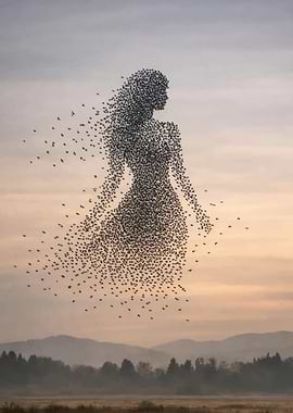 Bird Flock Forms Woman Silhouette