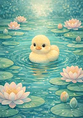 Cute Duckling in a Pond