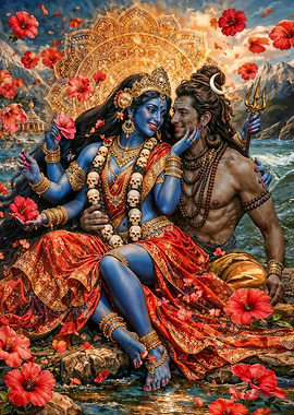 Shiva and Kali in a Floral Landscape