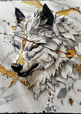 Sculptural Wolf with Marble and Gold Accents