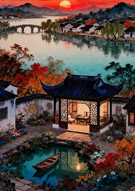 Tranquil Asian Courtyard at Sunset