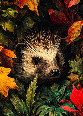 Hedgehog Peeking Through Autumn Leaves