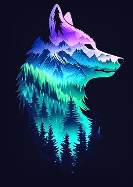 Wolf Silhouette with Mountain Landscape