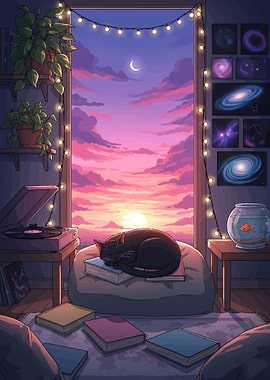 Cozy room with cat and sunset view