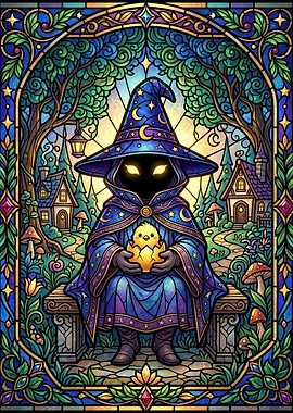Wizard Holding a Chick in a Stained Glass Style