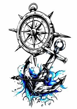 Nautical Compass and Anchor Tattoo Design