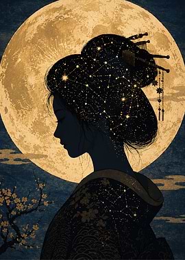 Geisha with Starry Hair and Moon