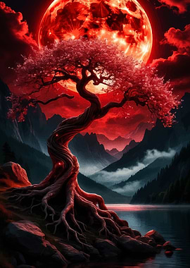 Mystical Tree Under a Blood Moon