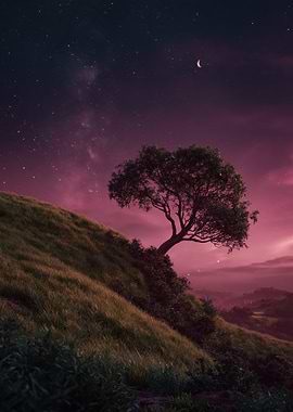 Lone Tree Under a Starry Night Sky