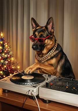 DJ German Shepherd with Christmas Tree
