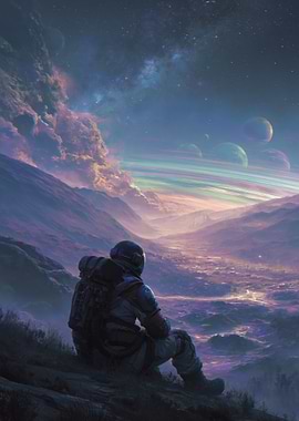 Astronaut Gazing at Alien Landscape