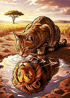 Cat Reflects as Lion in Puddle
