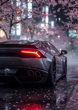 Luxury car under cherry blossoms at night