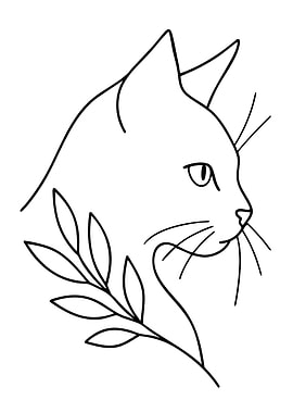 Minimalist Cat with Floral Branch