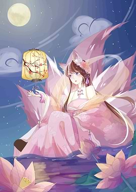 Kitsune Girl with Lantern by Moonlit Pond