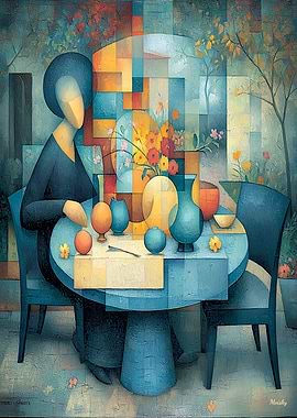 Cubist Still Life with Woman and Flowers