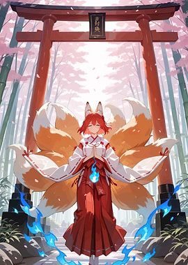 Kitsune Shrine Maiden with Nine Tails