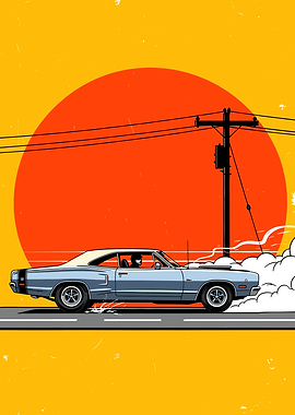 Classic Car Drifting at Sunset