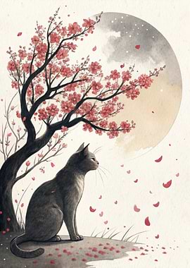 Cat Under Cherry Blossoms