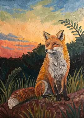 Fox Sitting in Nature at Sunset