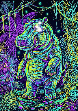 Vibrant Neon Hippo Jungle Graffiti