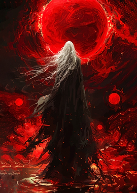 Dark Figure Under Red Moon