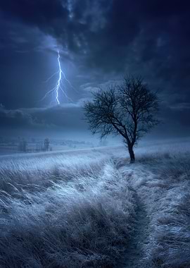Lightning Strikes a Lone Tree in a Field