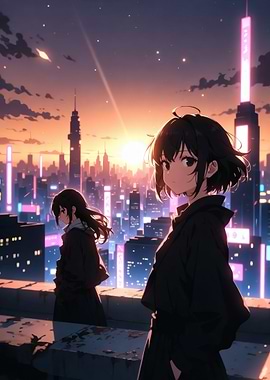 Anime Girls Overlooking Cityscape at Sunset