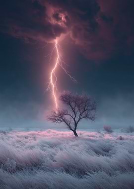 Lightning Strikes Lone Tree in Field